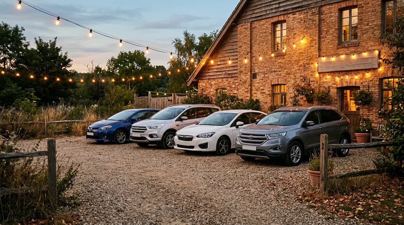 A small fleet of cars parked in a gravel lot at dusk