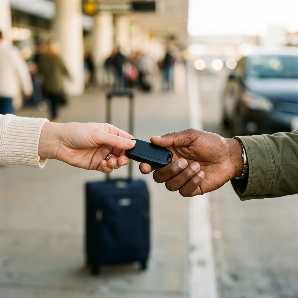 A host handing a key fob to a guest at the airport curb
