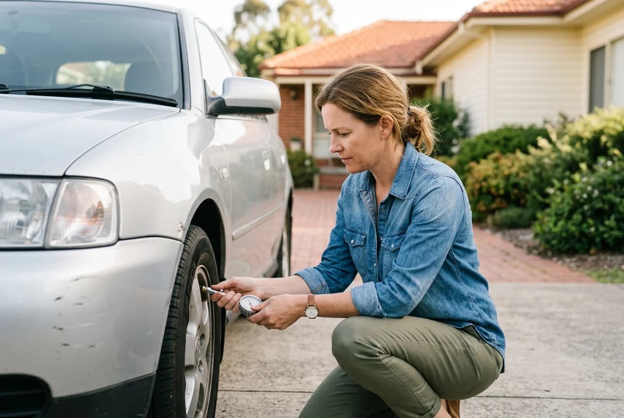 A host checking tire pressure in the driveway before a rental