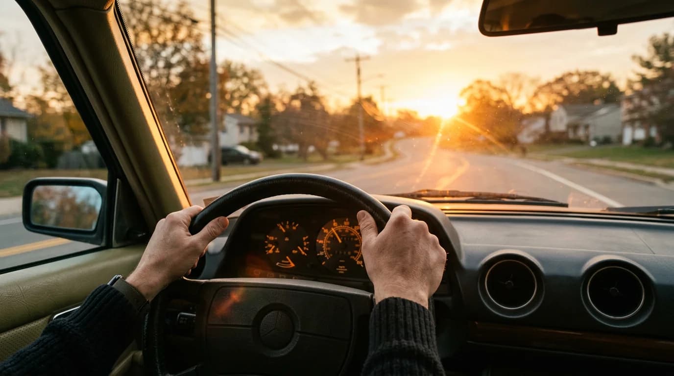 Hands on the wheel at sunrise on a suburban road