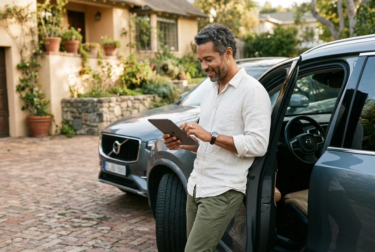 A host checking bookings on a tablet beside his SUV